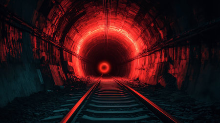 A striking image of a dark tunnel with glowing red light at the end, showcasing railway tracks leading into the unknown. Perfect for themes of mystery and exploration.の素材