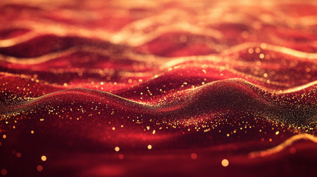 This enchanting abstract image features flowing golden waves against a rich red background, creating a sense of depth and elegance with sparkling particles.の素材