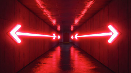 A striking modern tunnel featuring glowing red arrows that create a vibrant atmosphere. The illuminated corridor invites exploration with its dynamic design.の素材