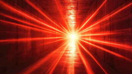 A stunning image showcasing vibrant red laser light beams emerging from a dark tunnel. The vivid glow creates a dynamic and energetic atmosphere, perfect for abstract visuals.の素材