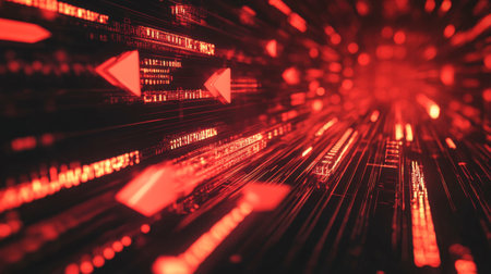 Vivid abstract representation of red light streams intertwined with digital data elements, symbolizing speed and technology in a modern visual aesthetic.の素材