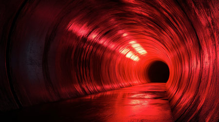 An intriguing tunnel illuminated with brilliant red light evokes an eerie atmosphere. Perfect for abstract concepts, architectural designs, or moody imagery.の素材