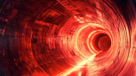 A mesmerizing view of a glowing red tunnel, featuring smooth surfaces and bright light. This abstract, futuristic design evokes feelings of energy and exploration.の素材