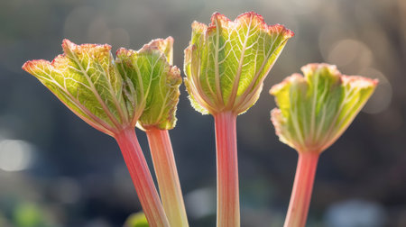 Three budding green leaves with vibrant red edges reach towards sunlight, showcasing fresh growth and natural beauty in a serene outdoor setting.の素材
