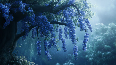 A stunning blue wisteria tree drapes its vibrant flowers in a tranquil, misty environment, creating a serene and magical atmosphere perfect for nature lovers.の素材