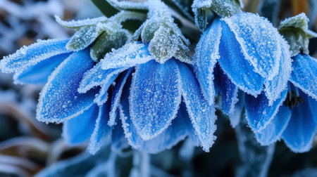 Captivating close-up of blue flowers adorned with frost, showcasing nature's beauty during winter. A mesmerizing blend of color and ice highlights the delicate petals.の素材