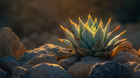 A beautiful succulent plant emerges from rugged stones, illuminated by warm sunlight. This captivating scene highlights natural beauty and resilience in a serene outdoor setting.の素材