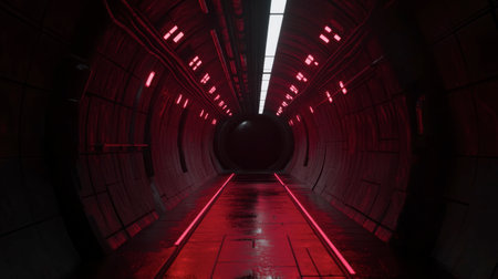 A dramatic sci-fi corridor featuring intense red lights and an industrial aesthetic. This atmospheric scene evokes mystery and exploration in a futuristic setting.の素材