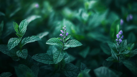 A serene close-up of a mint plant showcasing rich green leaves and delicate purple blossoms, set in a natural environment that highlights beauty and tranquility.の素材