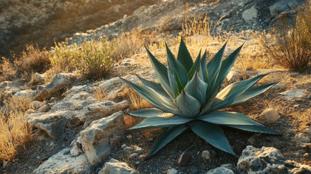 A stunning agave plant thrives on rocky terrain, illuminated by gentle sunset rays. This image captures the rugged beauty of nature in a serene landscape.の素材