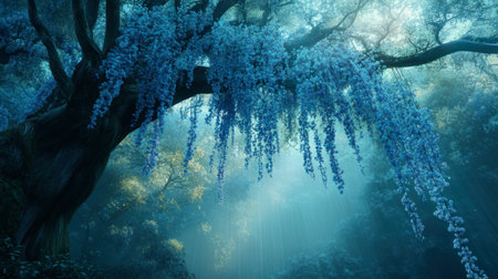 A breathtaking view of a large blue flowering tree in a foggy forest, creating a magical and serene atmosphere, perfect for nature lovers and outdoor enthusiasts.の素材