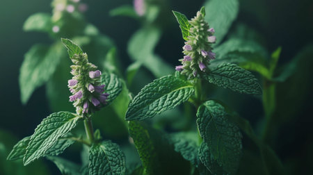 This close-up image captures the detailed beauty of green mint leaves adorned with delicate purple flowers, highlighting the vibrant colors of nature.の素材