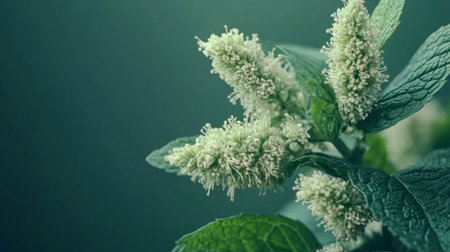 This stunning close-up image captures the delicate flowers and vibrant leaves of a mint plant, showcasing its natural beauty and refreshing essence in a serene setting.の素材