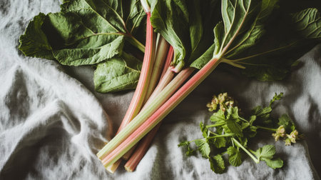 Fresh rhubarb stalks and vibrant green herbs arranged on a rustic fabric create a stunning and natural visual. Perfect for food photography or recipe design.の素材