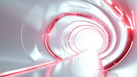 This image features a futuristic tunnel characterized by smooth, curved surfaces and bright lights. The play of red and white tones creates a captivating visual effect, suggesting motion and innovation.の素材