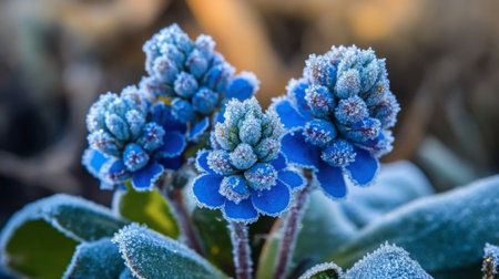 Delicate blue flowers covered in frost create a stunning winter scene, highlighting the beauty of nature in cold weather. The vibrant colors contrast against the icy backdrop.の素材