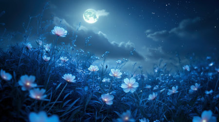 A captivating scene of blooming flowers illuminated by a glowing full moon, surrounded by a tranquil blue landscape. Stars twinkle in the night sky, enhancing the serene atmosphere.の素材