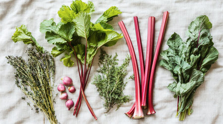 A beautiful assortment of fresh vegetables and herbs displayed on a linen tablecloth. Includes vibrant rhubarb, earthy greens, and aromatic thyme, perfect for culinary inspiration.の素材