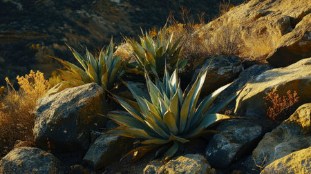 A captivating view of green succulents growing among grey boulders. This image showcases the beauty of nature and the resilience of plants in rugged terrains.の素材