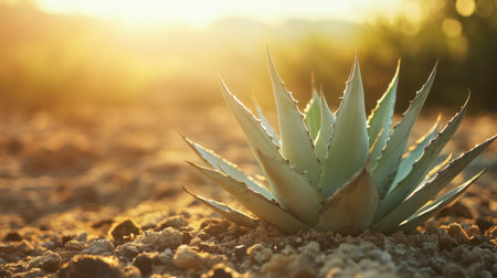 A stunning close-up of a green agave plant illuminated by warm sunlight in a serene desert landscape, showcasing the beauty of nature and tranquility.の素材