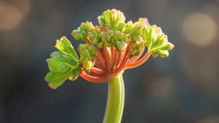 A close-up view of a fresh green plant showcasing delicate red buds and vibrant leaves, capturing the essence of new growth in a serene outdoor environment.の素材