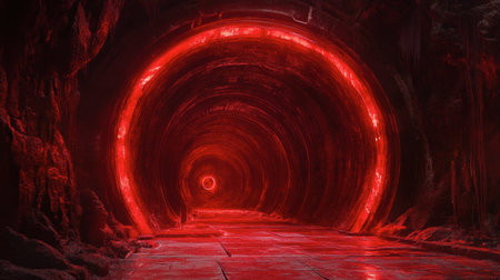 Explore a captivating scene of a red lit tunnel featuring glowing circular elements. The eerie atmosphere creates a sense of mystery and adventure.の素材