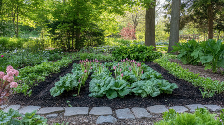 A serene garden scene featuring lush rhubarb and vibrant tulips surrounded by rich greenery, showcasing the beauty of nature and gardening in spring.の素材