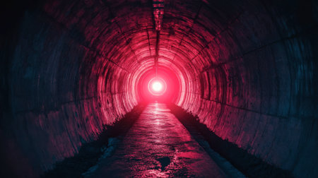 A captivating view of a dark tunnel illuminated by vibrant red light at the end, creating an atmosphere of mystery and depth.の素材