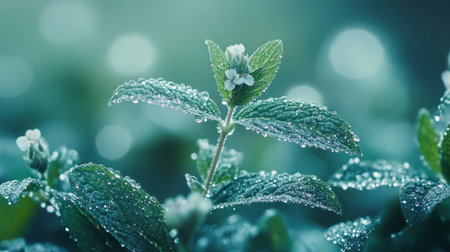 Close-up image of fresh mint leaves adorned with dew drops, capturing the essence of nature's beauty in soft light. Perfect for themed designs or wellness projects.の素材
