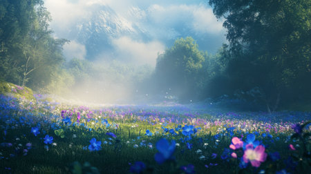 A breathtaking landscape featuring a vibrant meadow filled with colorful flowers under a clear sky, framed by majestic mountains and soft mist, evoking tranquility.の素材