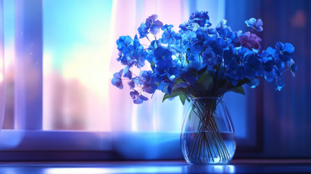 A stunning arrangement of blue flowers in a clear vase basking in soft light by a window. This image captures tranquility and beauty, perfect for interior design themes.の素材