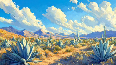 Captivating desert landscape featuring cacti under a bright blue sky. Fluffy clouds enhance the serene atmosphere, inviting exploration of this arid paradise.の素材