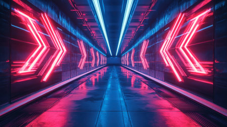 This vibrant neon corridor features striking arrow designs in blue and pink, creating a futuristic atmosphere with reflected surfaces and dramatic lighting.の素材
