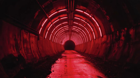 Explore a captivating underground tunnel illuminated by vibrant red lights. The wet ground reflects the dramatic glow, creating an eerie mood perfect for unique visual storytelling.の素材
