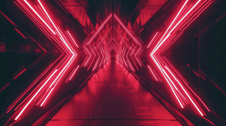 This striking futuristic corridor features vivid neon lights that create a dynamic atmosphere. The sleek design combines intriguing shapes and reflections, enhancing the modern aesthetic.の素材