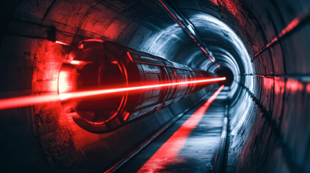 A captivating futuristic tunnel features a striking red laser beam cutting through the darkness, creating an intriguing atmosphere and modern visual appeal.の素材