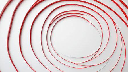 This abstract image features smooth red lines arranged in a circular pattern against a clean white background. It conveys modern elegance and artistic flair.の素材