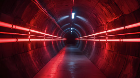 A striking view of a futuristic tunnel illuminated by vibrant red neon lights. The dramatic shadows create an eerie atmosphere, enhancing the sense of depth and mystery.の素材
