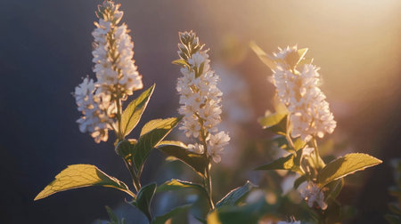 Beautiful close-up of delicate white flowers bathed in soft evening light. The vibrant green leaves surround the blossoms, creating a serene and peaceful atmosphere.の素材