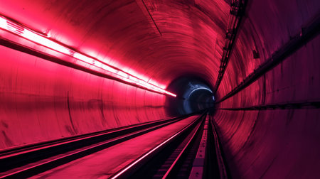 A captivating view of an illuminated underground tunnel featuring striking neon pink lights. The image showcases railway tracks extending into the distance, creating a sense of motion and depth. Perfect for themes of urban exploration and modern architecture.の素材