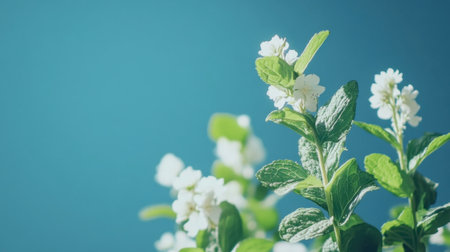 A close-up view of fresh mint leaves adorned with delicate white flowers, set against a soft blue background, evoking freshness and vitality in nature.の素材