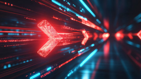 An energetic visual featuring glowing red and blue arrows in a dark digital space, symbolizing speed and technology. Perfect for futuristic themes.の素材