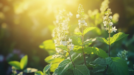 A captivating image of delicate white flowers blooming in a sunlit green setting, showcasing the beauty of nature and tranquility in a serene environment.の素材