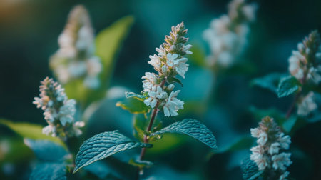 A serene scene featuring delicate white flowers blooming amidst lush green leaves. The soft sunlight enhances the natural beauty, perfect for nature lovers.の素材