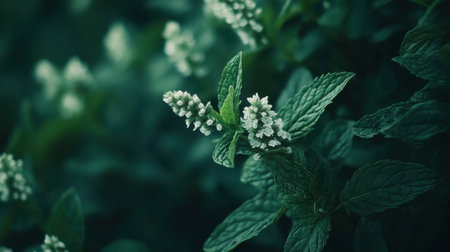 A serene close-up of fresh mint leaves adorned with delicate white flowers, showcasing vibrant green foliage and the beauty of nature in a tranquil setting.の素材