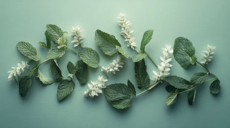 A vibrant arrangement of fresh mint leaves and delicate white flowers on a soft mint background, evoking a sense of nature and freshness. Perfect for botanical themes.の素材