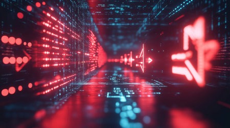 A captivating digital tunnel scene illuminated by neon red and blue lights, creating a futuristic ambiance. Perfect for technology and abstract themes.の素材