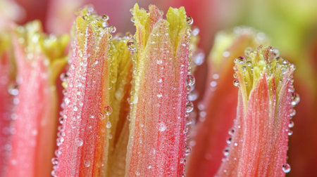 This close-up photograph captures vibrant plant stems adorned with water droplets, showcasing the beauty of nature and freshness in detail. Perfect for nature themes.の素材