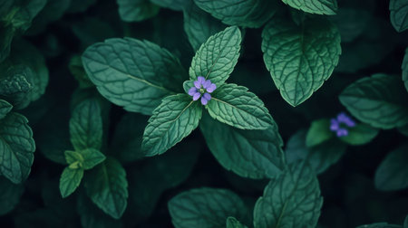 Explore the beauty of fresh green mint leaves, highlighted by a delicate violet flower. Perfect for wellness, nature themes, and botanical designs.の素材