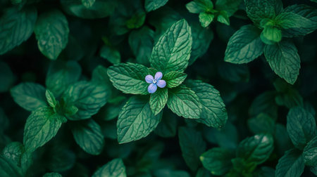 Captivating close-up of mint leaves highlighted by a delicate purple flower, showcasing the beauty of nature and the intricate details of garden flora.の素材